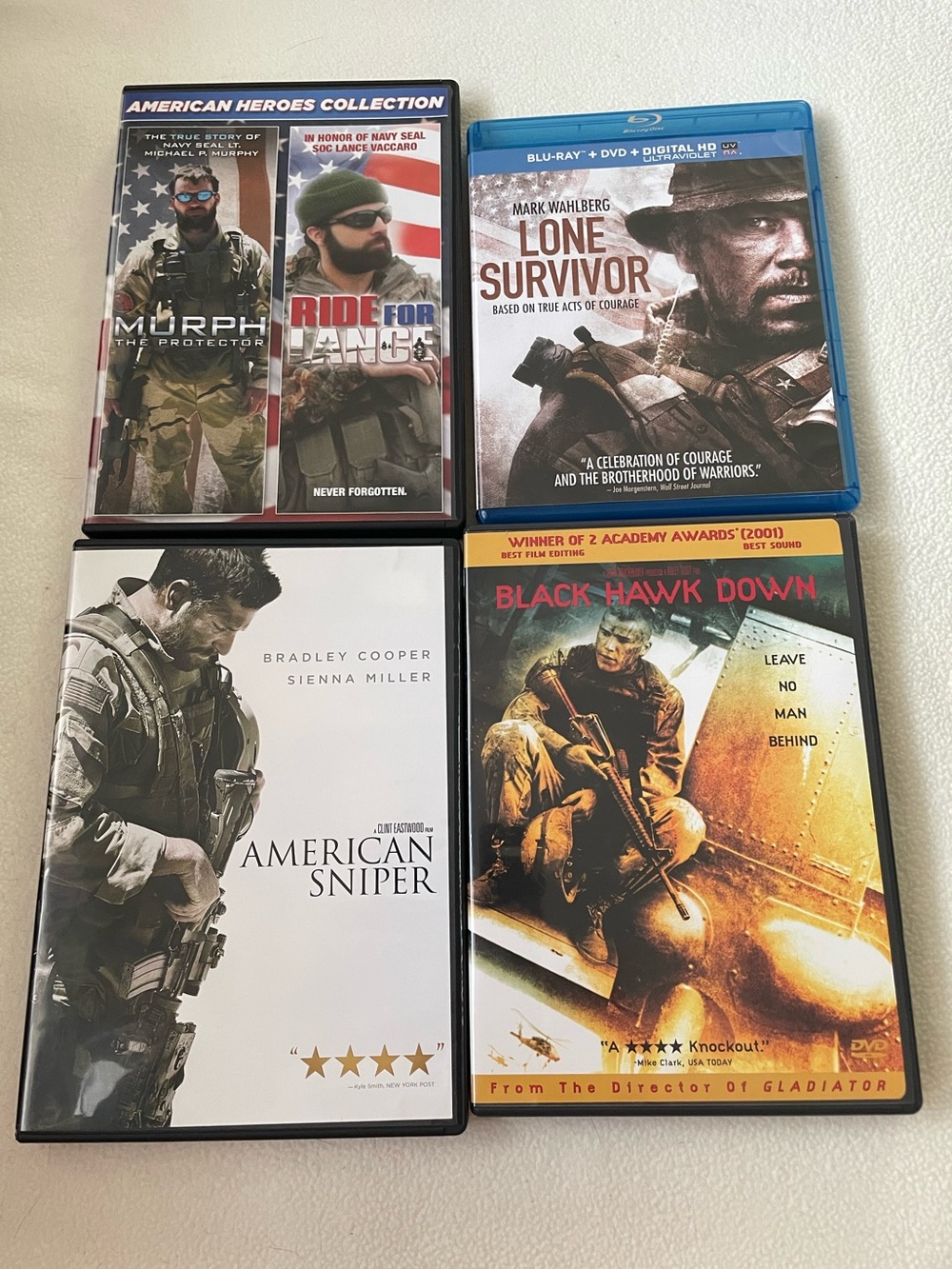 Lot of 4 Action DVDs-American Sniper, Lone Survivor, Black Hawk Down + 1